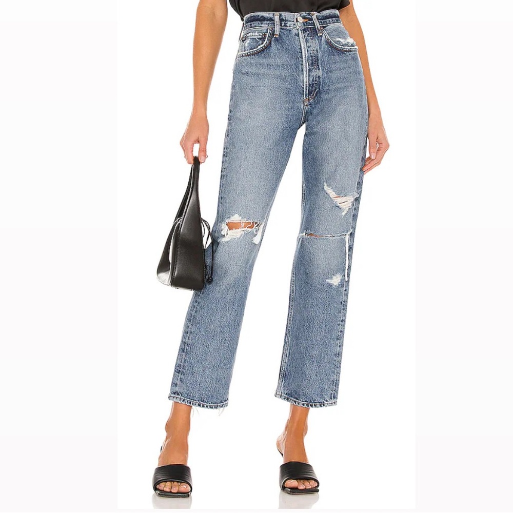 AGOLDE || 90’s Mid Rise Loose Streamline Distressed Straight Leg Jeans Blue 27